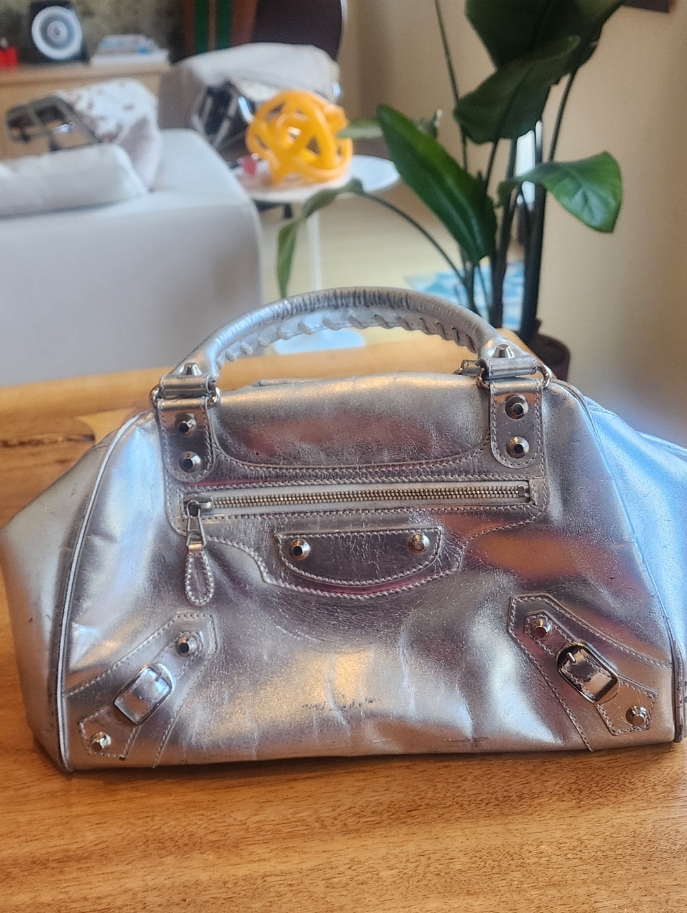 Balenciaga Metallic Silver Satchel City Bag